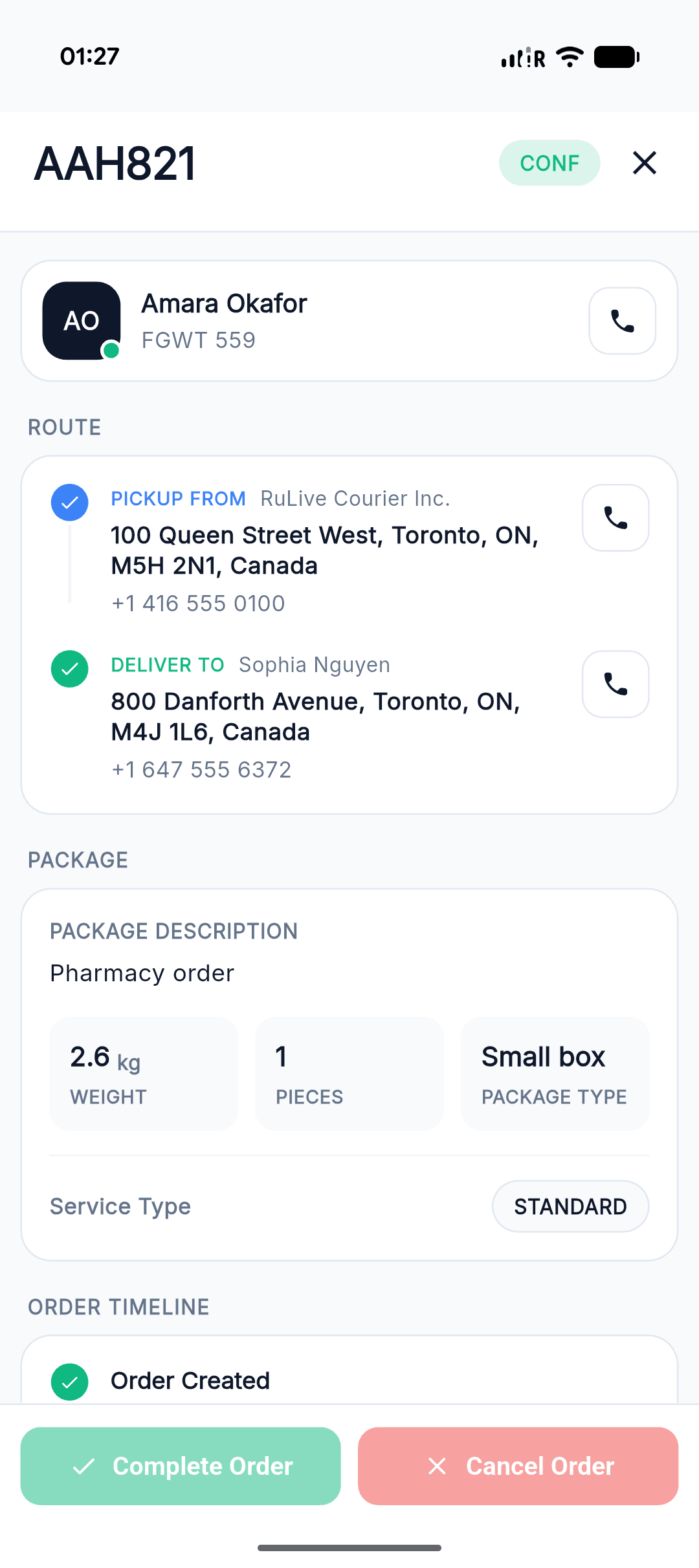 Full order card in the RutaLive operator mobile app