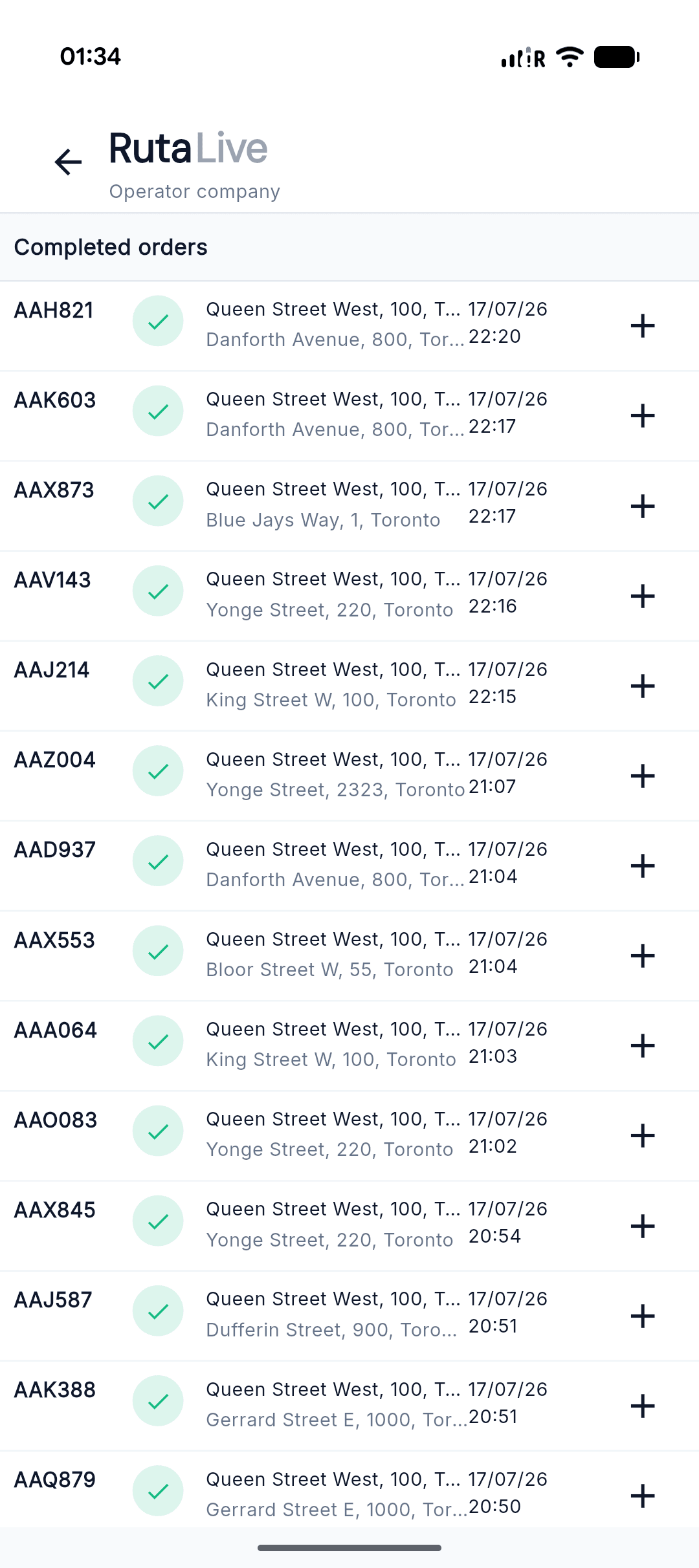 Completed order history in the RutaLive operator mobile app
