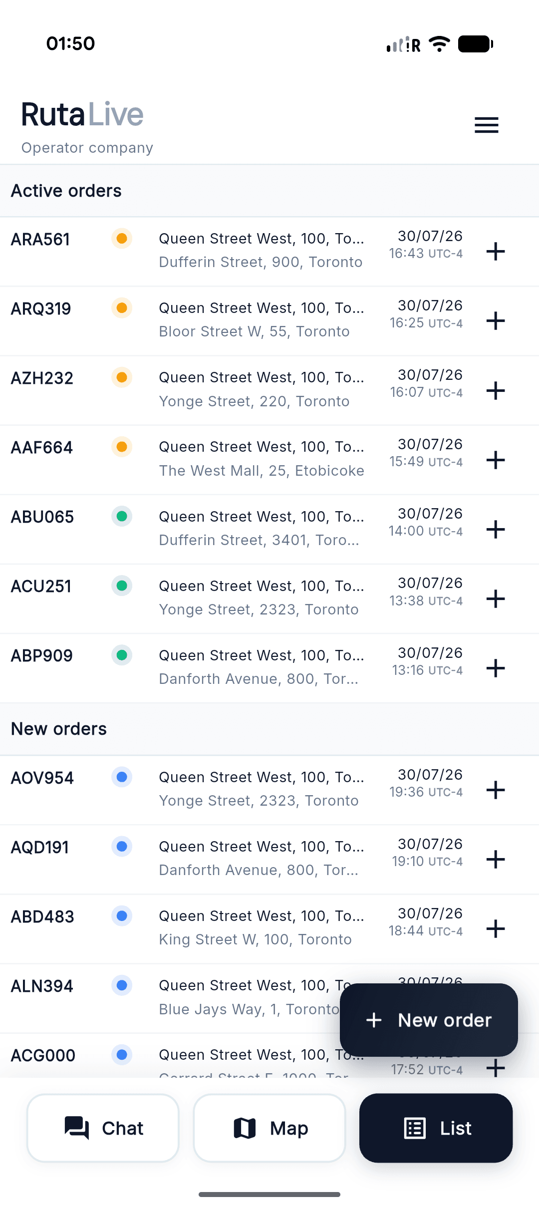 Active and new orders in the RutaLive operator mobile app