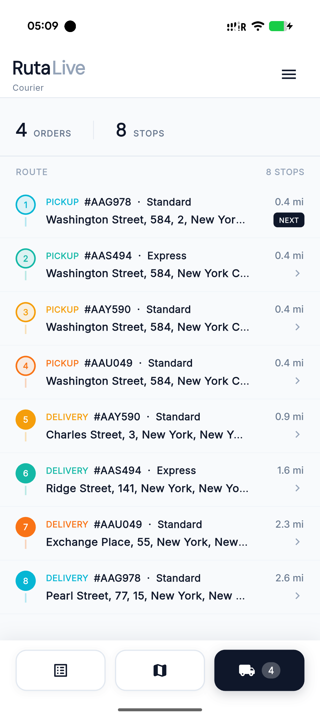 Optimized multi-stop route in the RutaLive courier app