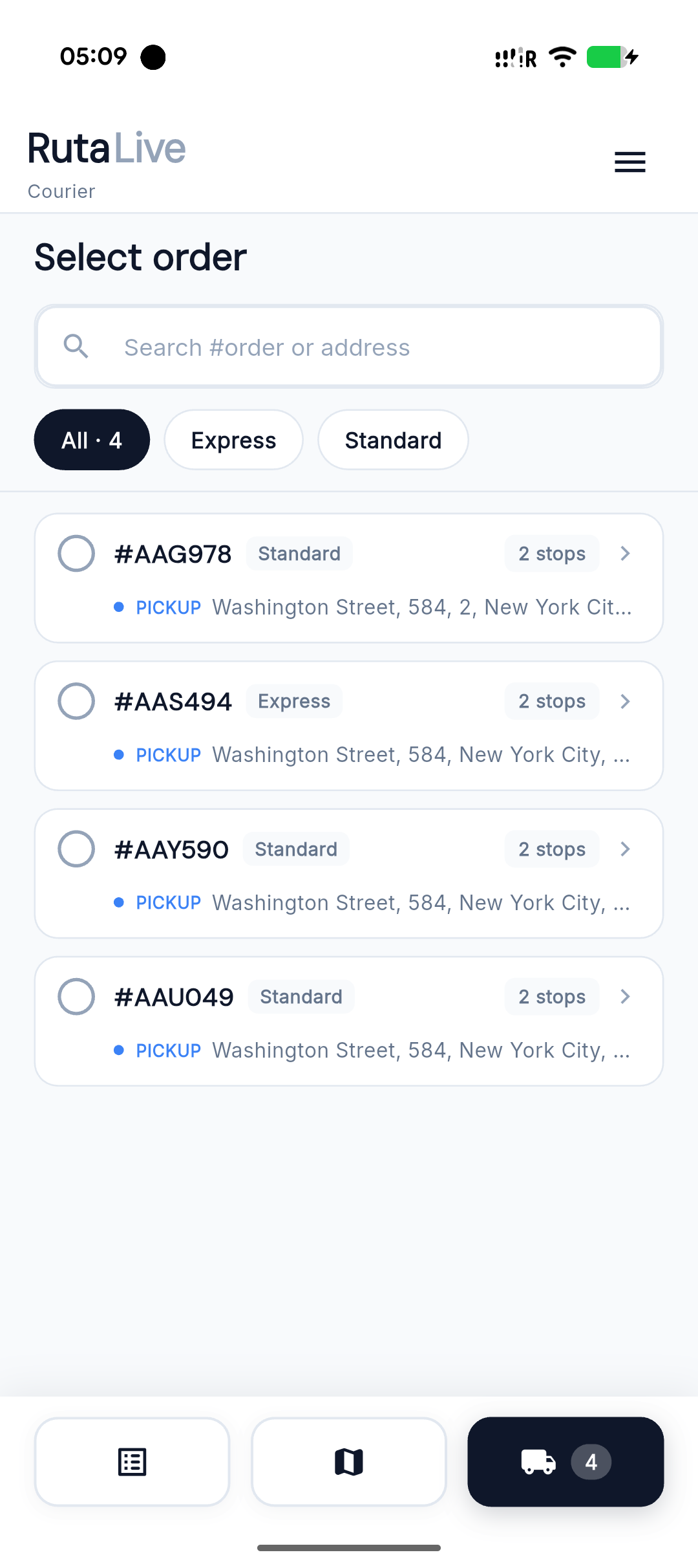 Self-selection mode — courier picks orders from the queue