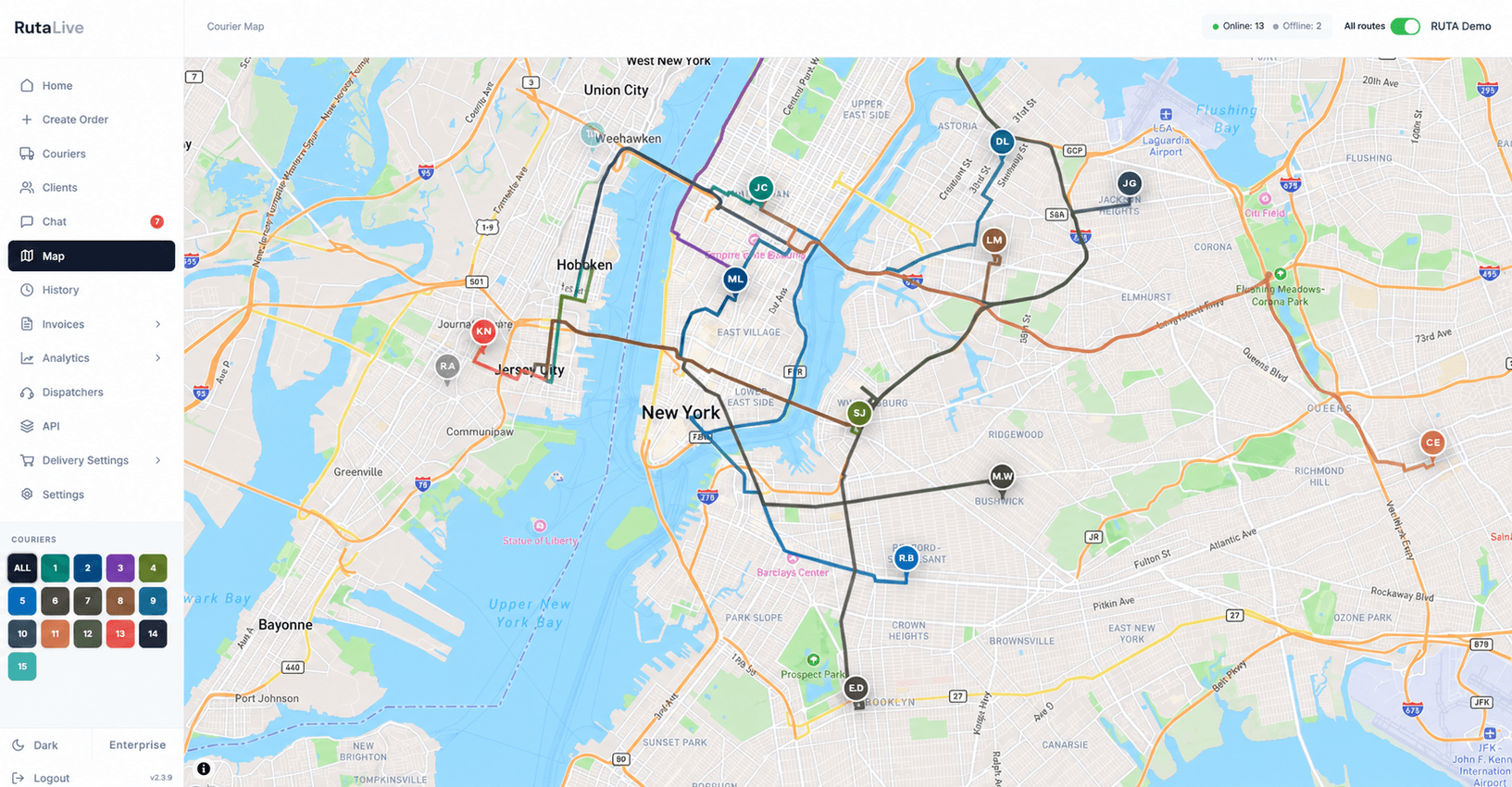 Live courier map in the RutaLive operator workspace